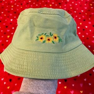 Green Bucket Hat with Sunflower Embroidery